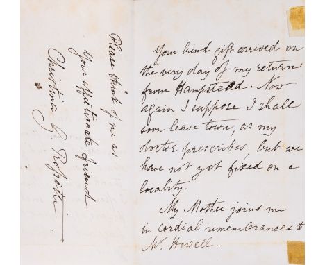 Rossetti (Christina Georgina, poet, 1830-1894) Autograph Letter signed to Kate "Kitty" Howell, 3pp., 8vo, 56 Euston Square, [