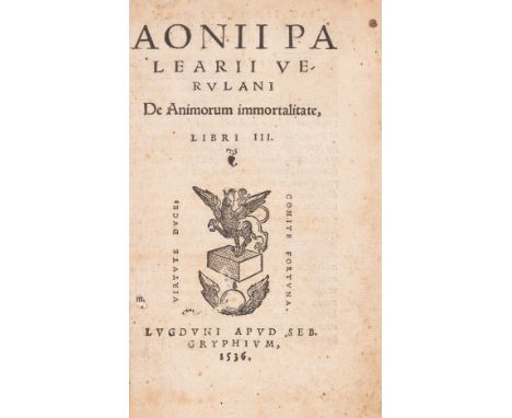 Immortality of the Soul.- Paleario (Aonio) De animorum immortalitate libri III, first edition, printer's woodcut device to ti