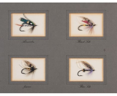 Fly-Fishing.- Artificial flies.- Alexandra, Black Silk, Blue Silk &amp; Jimmie, 4 artificial flies, mounted, framed and glaze