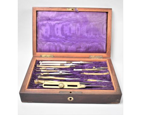 A Late Victorian/Edwardian Mahogany Cased Drawing Set Containing Miscellaneous Drawing Tools, Scale Dividers etc, 24cm Long 