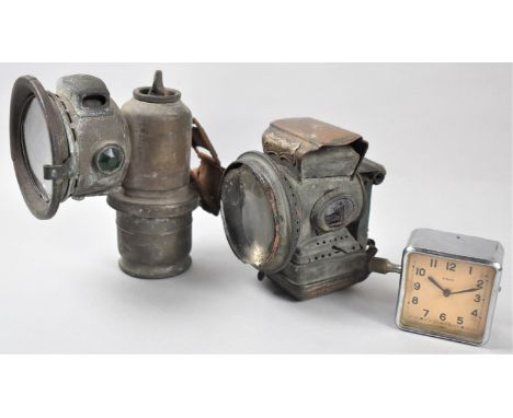 Two Vintage Carbide Bicycle Lamps Together with a Vintage 8 Day Car Clock, In Need of Attention 