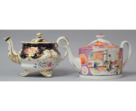 A 19th Century Teapot with Oriental Style Decoration Together with a Cobalt Blue, Gilt and Floral Decorated Example, Spout AF