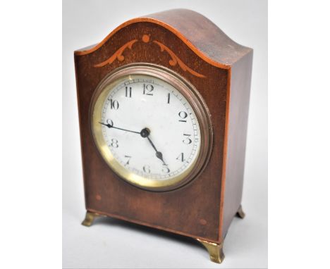 An Edwardian Inlaid Mahogany Mantle Clock with Ormolu Ogee Bracket Feet, Working Order, 18cm high 