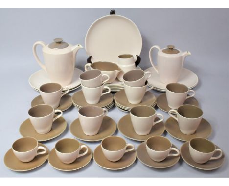 A Poole Pink and Brown Glazed Breakfast Set to Comprise Ten Large Plates, Ten Cups, Five Coffee Cans, Jug, Teapot, Coffee Pot