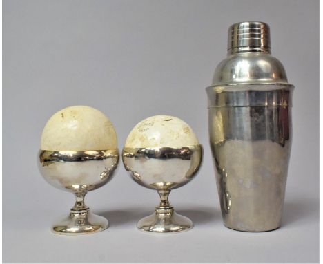A Vintage Stainless Steel Cocktail Shaker Together with a Pair of Silver Plated Bowls and Two Salters Bamboo Polo Balls 