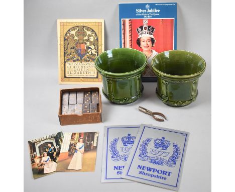A Pair of Green Glazed Planters, One with Chip to Rim, Vintage Set of Dominoes, Pair of Nutcrackers, Royal Commemorative Ephe
