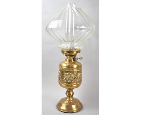A 20th Century Pressed Brass Oil Lamp with Duplex Controls and Glass Shade and Chimney, Overall Height 49cm 