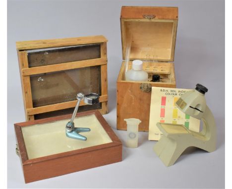 A Collection of Various Vintage Scientific Teaching Equipment to Include Boxes Soil Indicator Set, Magnifier, Field Magnifier
