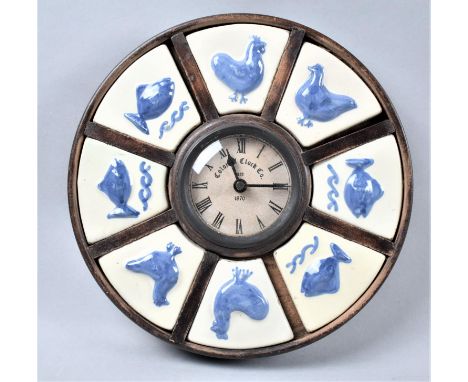 A Modern Circular Kitchen Clock with Eight Tile Segments Depicting Fish and Chickens, 22.5cm Diameter 