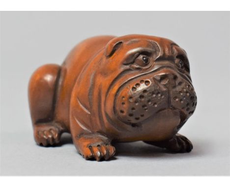 A Nicely Carved Netsuke in the Form of a Bulldog, Signed, 5cm Long 