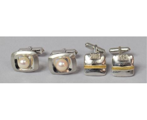 Two Pairs of Silver Gents Cufflinks, one set with gold band and diamond chips, the other with pearls and matching tie pin