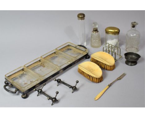 A Silver Plated Mounted and Glass Four Section Rectangular Serving Tray Together with Pair of Knife Rests (One AF), Pewter Sa