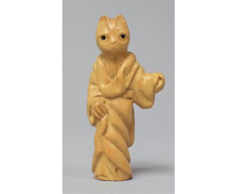A Carved Netsuke in the Form of an Anthropomorphic Standing Cat Wearing kimono Robe 
