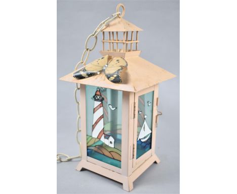 A Modern Metal Lantern Decorated with Butterfly, Sailing Boat and Lighthouses, 30cm high 