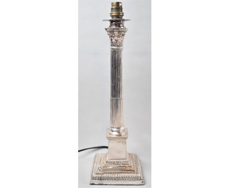 A Silver Plated Corinthian Column Table Lamp Base on Stepped Square Plinth, 41cm High, Some Dents to Column 