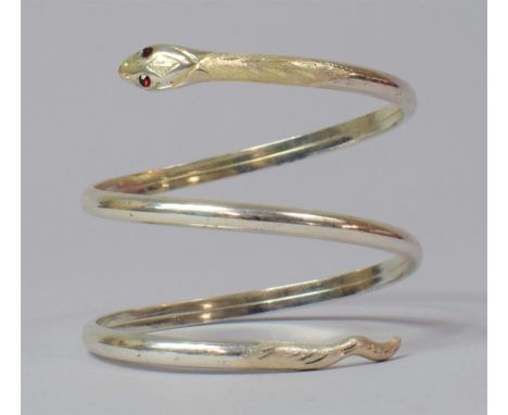 A Silver Snake Bangle with Ruby Eyes, Stamped 925 to Head and Hallmarked to Tail