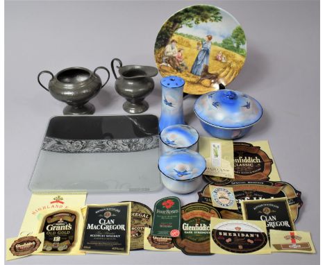 Four Pieces of Shelley Dressing Table Wares, Pewter Cream Jug and Sugar Bowl, Whisky Labels etc 