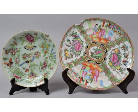 Two Pieces of Late 19th Chinese Canton Export ware to Include Celadon Glazed Plate Housing Bird, Flower and Insect Decoration