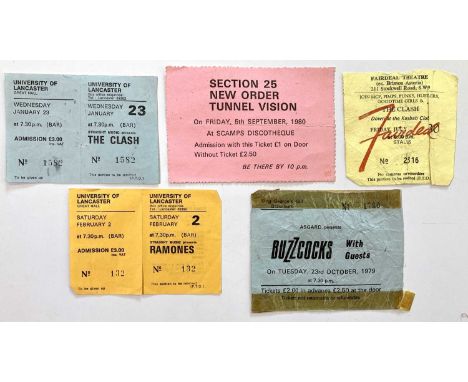 Five original ticket stubs from Punk era concerts including The Clash at Fairdeal Theatre, 1982 and at University of Lancaste