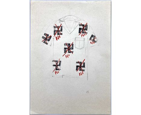 An original sketch by Paul Simonon of The Clash, pencil and ink depicting a design for a shirt with anti-nazi message, c 1980