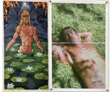 An Iggy Pop poster issued with copies of 'Free' depicting a cartoon Iggy and signed in black marker pen (30 x 60cm), a poster