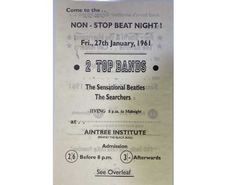 An original handbill from January 1961 listing two events, Fri 27th at the Aintree Institute with 'The Sensational Beatles' a