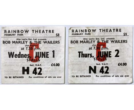A pair of ticket stubs from dates during Bob Marley's legendary run at London's Rainbow Theatre in June 1977.