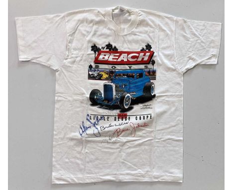 A 1995 Beach Boys t-shirt (XL) signed in various inks by Brian Wilson, Carl Wilson, Mike Love, Al Jardine, Bruce Johnston. Ob