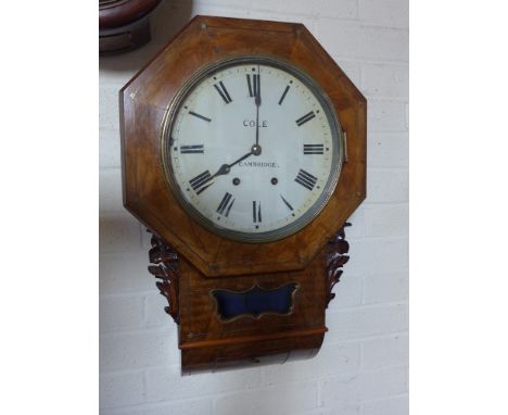 A 19th century walnut case wall clock with a 12" dial, drop trunk inlaid with brass - the eight day Black Forest movement str
