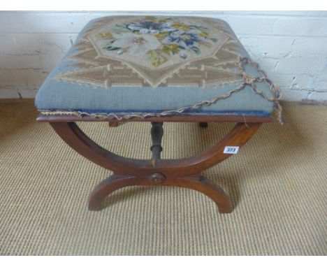 A 19th century rosewood X frame stool with needlepoint and bead work seat - 46 cm x 45 m - Height 45 cm 