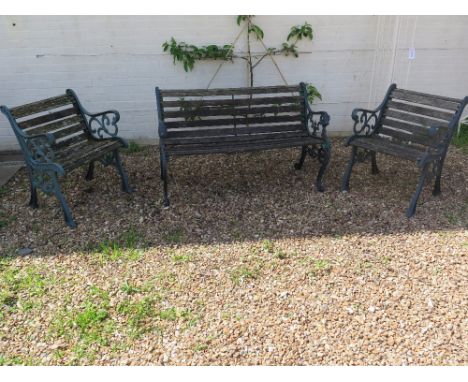 A cast iron garden dogs head bench with wooden slats and two matching chairs - to restore