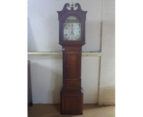 An early 19th century longcase clock by D. Shaw of Leicester oak and crossbanded case painted arc dial showing longhorn cattl