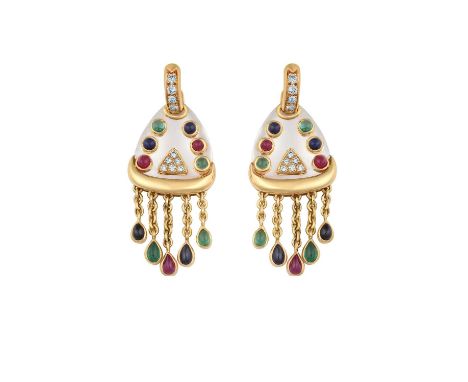 A Pair of Ruby, Sapphire, Emerald and Diamond Drop Earringsthe white pear shaped plaque inset with round brilliant cut diamon