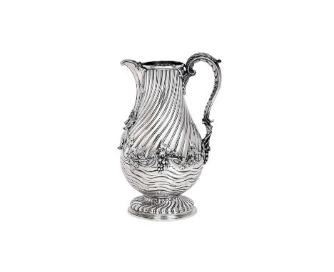 A George III Silver Wine-Jug,  by Thomas Heming, London, 1765 pear-shaped and on spiral-fluted conforming foot, the lower bod
