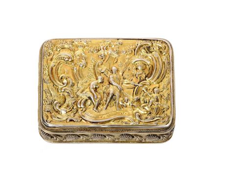 A George III Silver-Gilt Snuff-Box,   by Joseph Ash, London, 1809 oblong, the hinged cover cast and chased with figures in a 