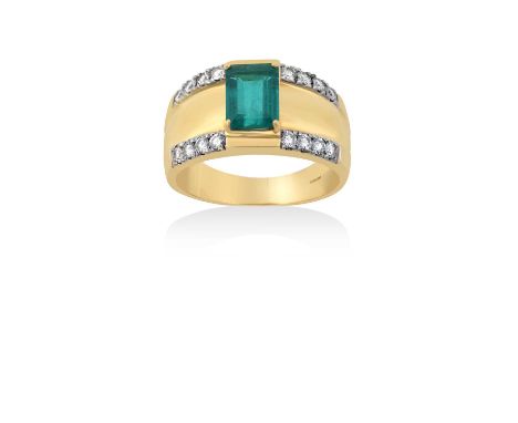 An 18 Carat Gold Emerald and Diamond Ringthe emerald-cut emerald in a yellow claw setting, to a broad plain polished shank, w