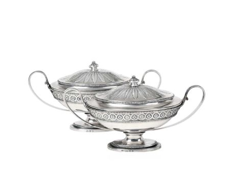 A Pair of George III Silver-Tureens and Covers,  by Benjamin Laver, London, 1782 each oval and on conforming beaded foot, the