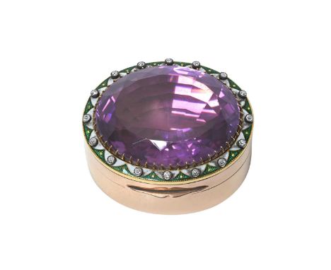 A Continental Gold-Mounted Amethyst, Diamond and Enamel Pill-Box,  Apparently Unmarked, 20th Century oval, the hinged cover s