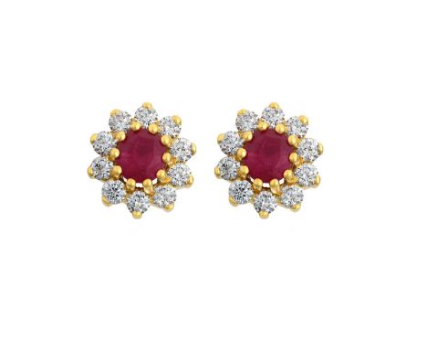 A Pair of 18 Carat Gold Ruby and Diamond Cluster Earringsthe oval cut rubies within borders of round brilliant cut diamonds, 