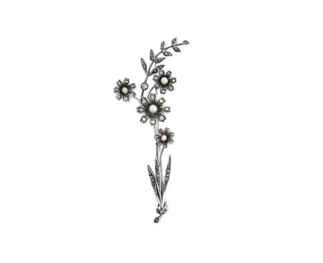 A 19th Century Pearl and Diamond Broochrealistically modelled as a floral spray, set throughout with four pearls and rose cut