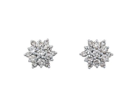 A Pair of Diamond Cluster Earringsthe central raised round brilliant cut diamond, within a border of round brilliant cut diam