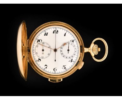 An 18 Carat Gold Full Hunter Keyless Minute Repeater Chronograph Pocket Watch, circa 1900, manual wound lever movement, colum