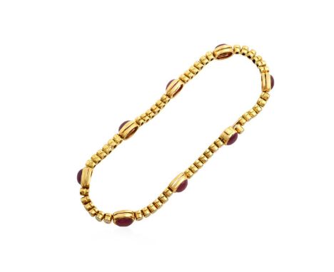A Ruby and Diamond Braceleteight cabochon rubies alternate with rows of round brilliant cut diamonds, in yellow rubbed over s
