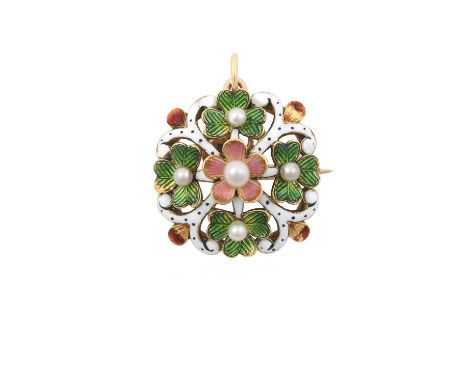 An Edwardian Enamel and Pearl Brooch the central pearl within a floral border enamelled in pink guilloche, with leaf motifs a