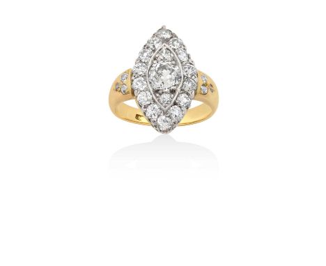 A Diamond Cluster Ring the navette shaped cluster set throughout with old cut diamonds, in white claw settings, to old cut di
