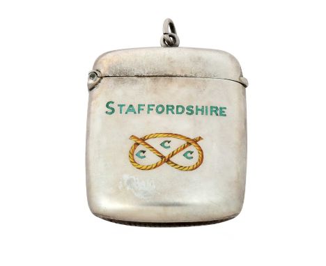 An Edward VII Silver and Enamel Vesta-Case,  by Elkington and Co. Ltd., Birmingham, 1906 oblong, the hinged cover with suspen