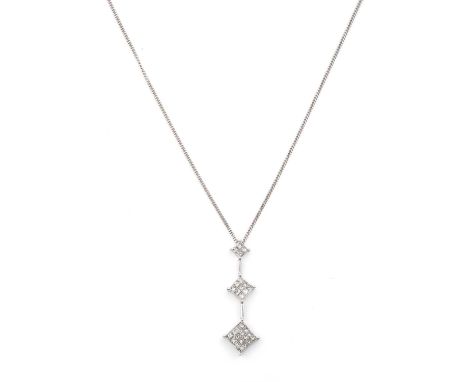 An 18 Carat White Gold Diamond Pendant on Chainthe graduated triple cluster drop comprising of princess cut diamonds, in claw