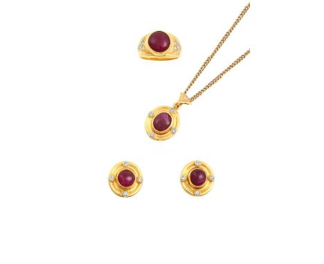 A Ruby and Diamond Pendant on Chain, Earring and Ring Suite the pendant formed of an oval cabochon ruby with round brilliant 