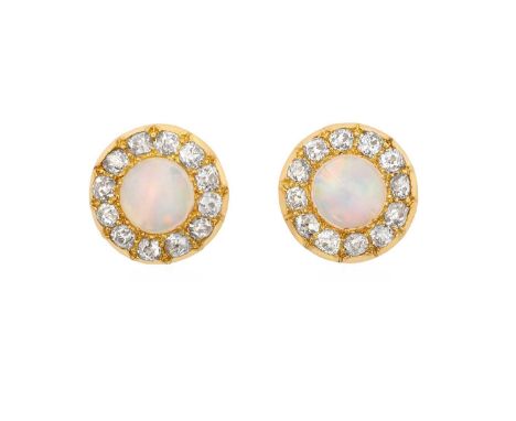 A Pair of Opal and Diamond Cluster Earringsthe round cabochon opals within a border of old cut diamonds, in yellow claw setti