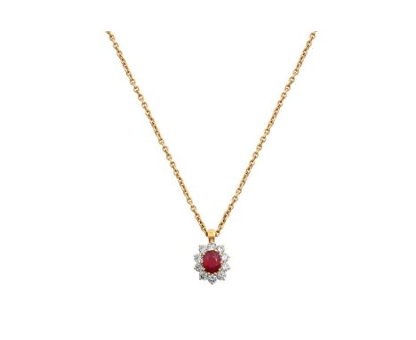 An 18 Carat Gold Ruby and Diamond Pendant on Chainthe oval cut ruby within a border of round brilliant cut diamonds, in yello